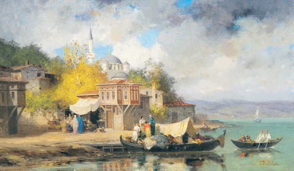 Boats near Turkish abbey by Germain Fabius Brest